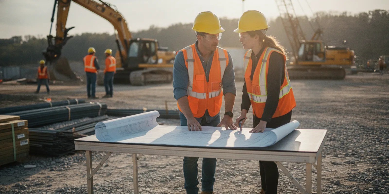 Contractor and safety consultant reviewing a jobsite safety plan before work begins