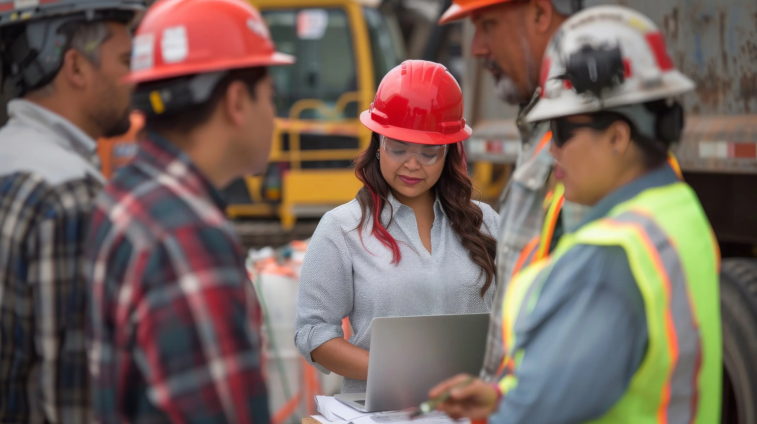 Group of construction workers and a woman in safety gear, including red helmets and protective glasses, gathered around a laptop on a construction site with heavy machinery in the background.