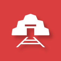 Icon of a mine with a tunnel entrance and train tracks below, on a red background.