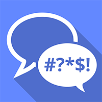Two speech bubbles, one with symbols "#?*$!" indicating expletives, on a blue background.