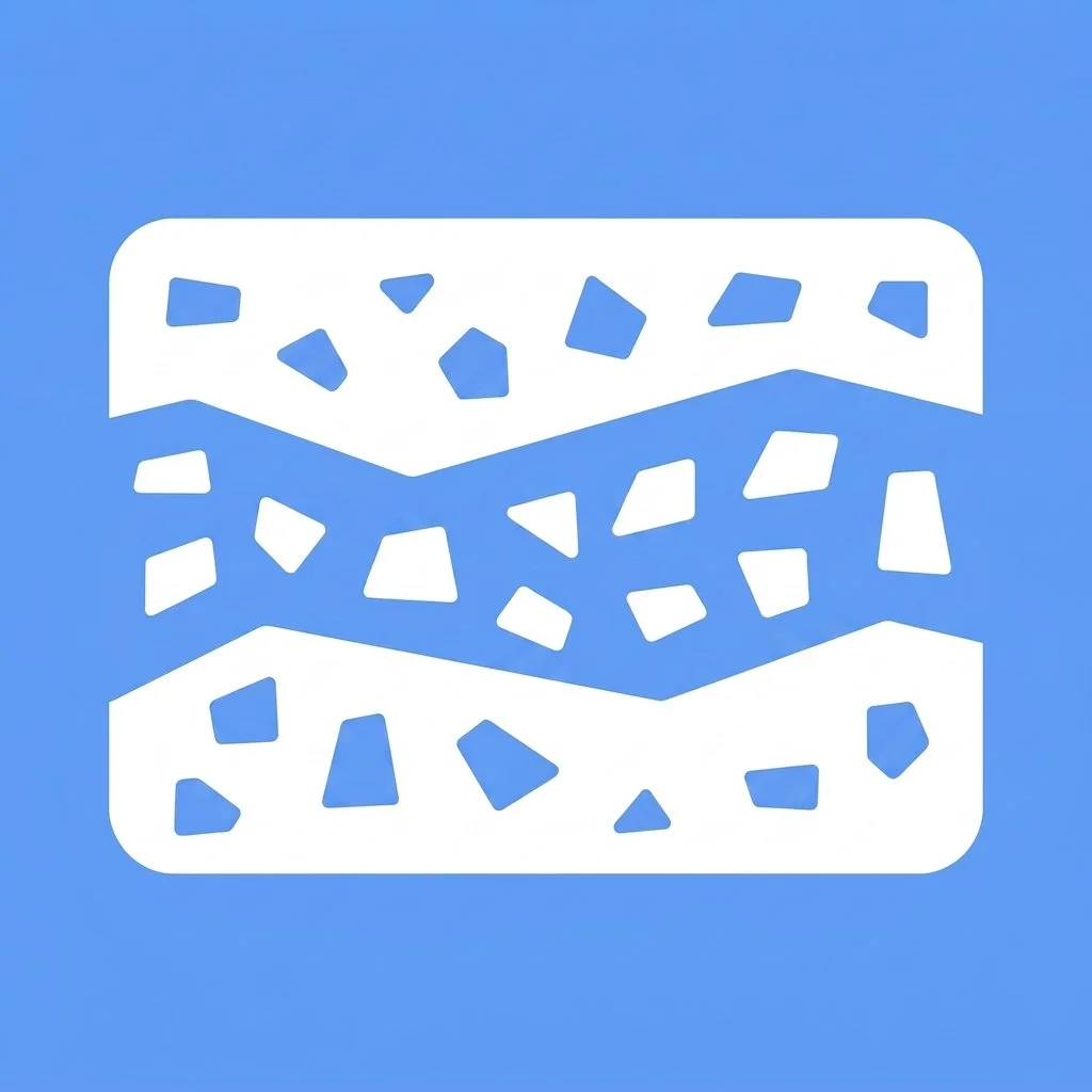 Blue background with white cutout shapes of various geometric forms layered on top, creating a modern mining design.