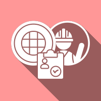Icons of a Worker performing permit required confined space with a checkmark on a pink and brown background