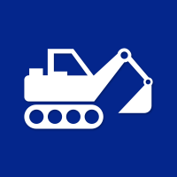 Icon of a construction excavator on a blue background.