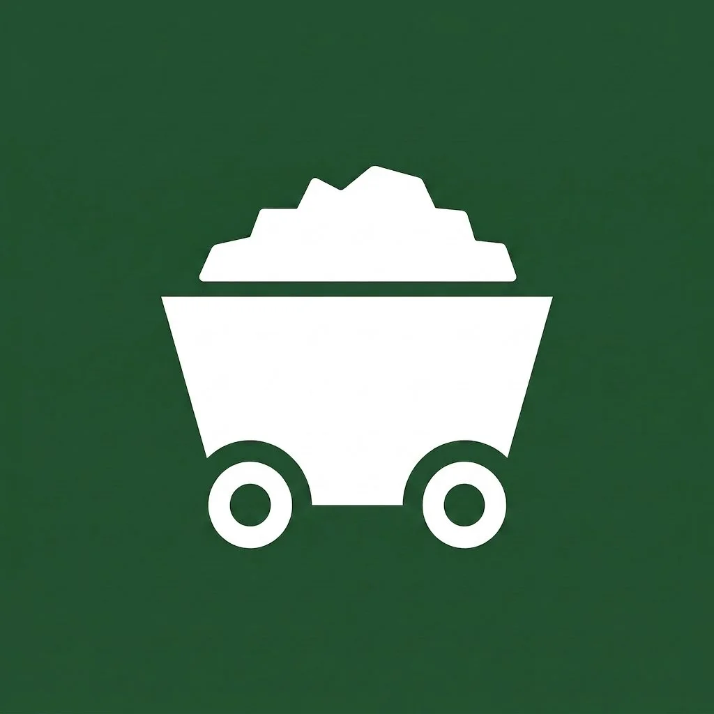 A green background with a white silhouette of a mining cart