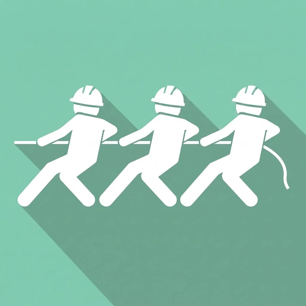 Illustration of three white figures wearing construction helmets, walking in a line from left to right. The background is a gradient green with minimal design elements.