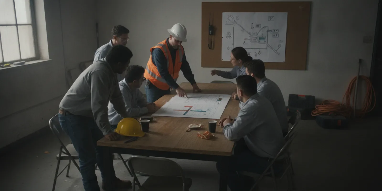 Workplace team reviewing an emergency action plan near an evacuation map