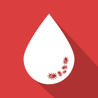 White blood drop icon on red background with stylized red germs inside drop.