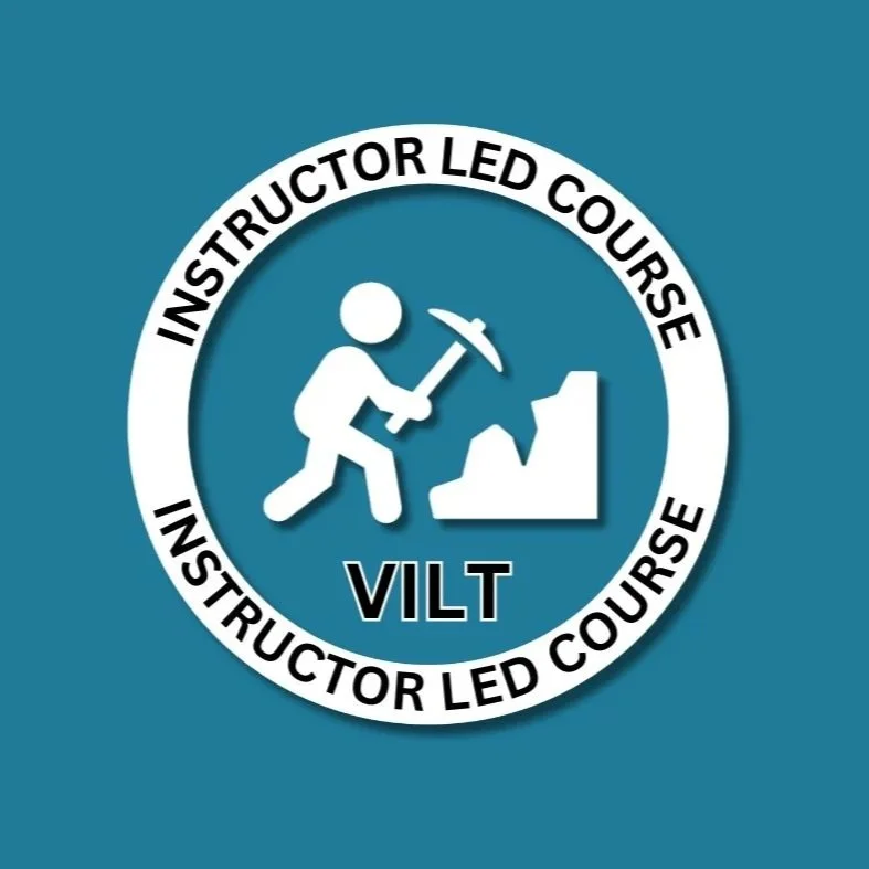 Logo for VILT instructor-led course featuring a silhouette of a miner with a pickaxe breaking rocks, surrounded by the text 'Instructor Led Course'.