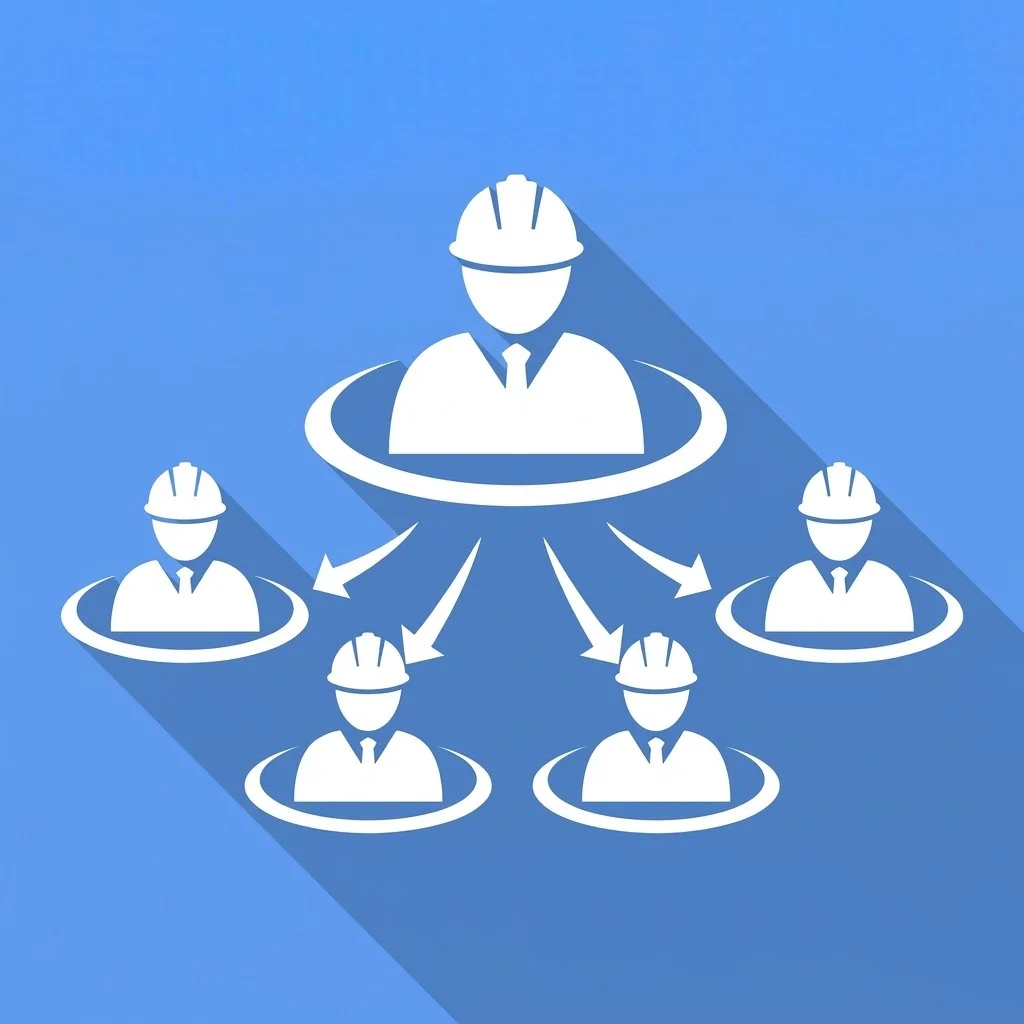 Illustration of a person wearing a safety helmet and tie, with a network of arrows connecting to additional figures wearing helmets, representing communication or teamwork in a professional or construction setting.