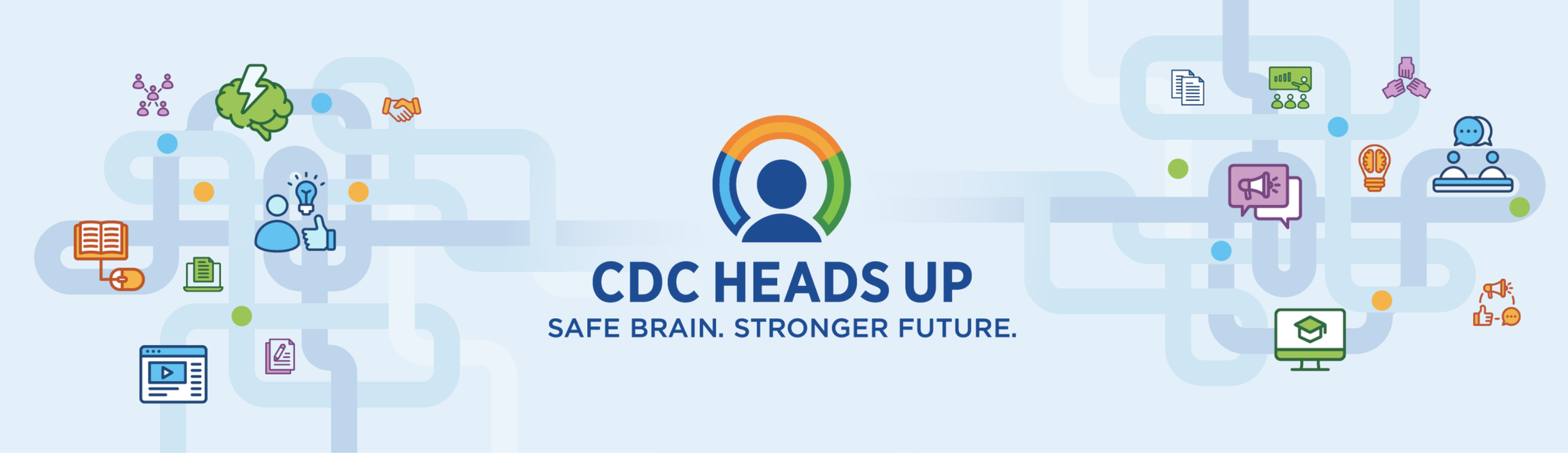 Hero banner for CDC Heads Up: Safe Brain. Stronger Future.  Features various icons from Heads Up materials