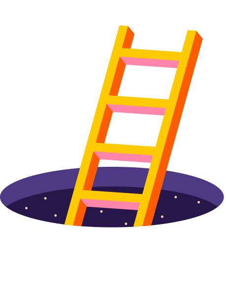 Image of a ladder halfway in a hole that shows stars beneath the surface.