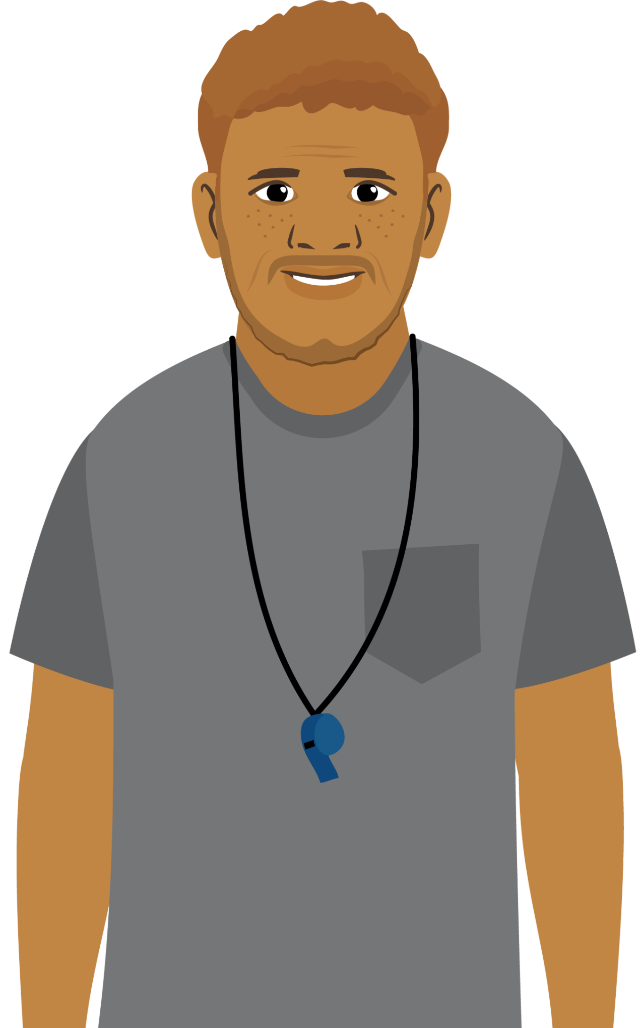 Host Character for HEADS UP to Youth Coaches,Hispanic Youth Sports Coach with a grey shirt and blue whistle