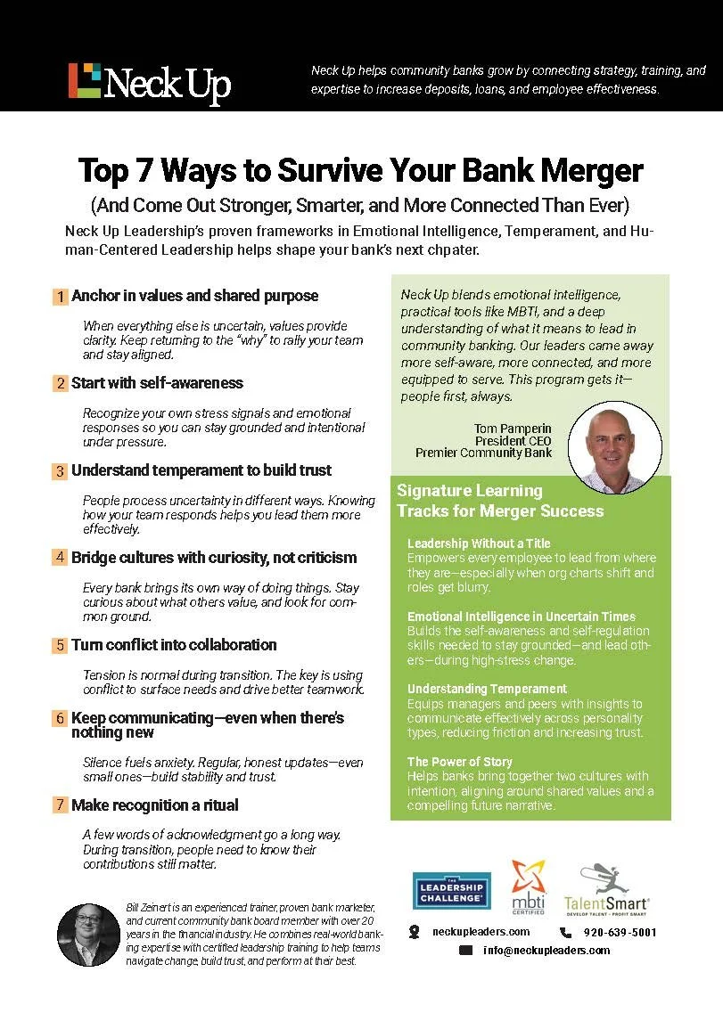 Infographic titled 'Top 7 Ways to Survive Your Bank Merger' by Neck Up. It lists steps: 1. Anchor in values. 2. Self-awareness. 3. Understand temperament. 4. Bridge cultures. 5. Collaborate. 6. Communicate. 7. Recognize contributions. Includes testimonials, contact details, and learning track information.