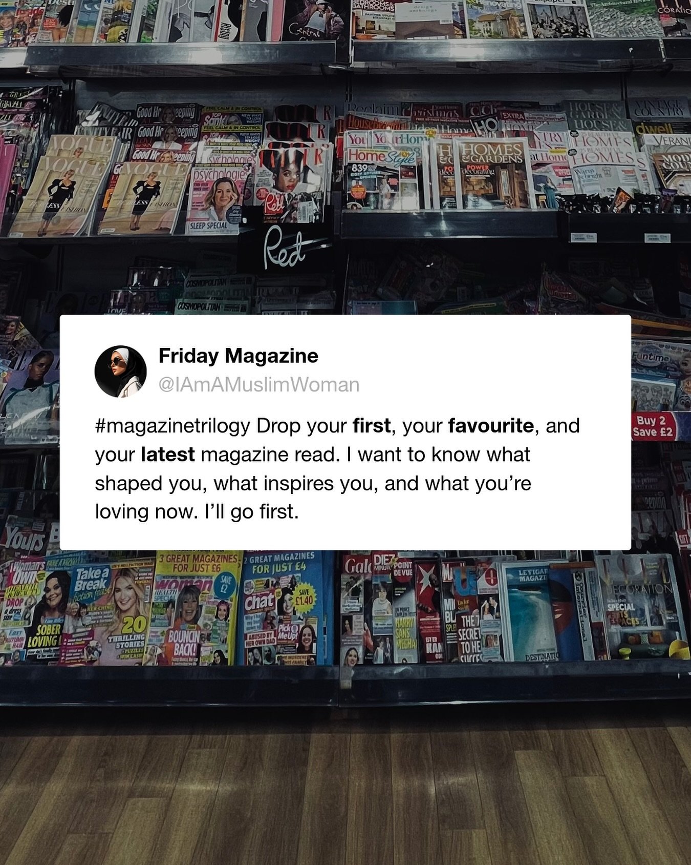 1️⃣ My first: Just Seventeen (cringing now but really wanted the Take That posters) circa 1994

😍 My favourite: Friday (what else did you expect?!)

🆕 Most recent: @archdigest (style, interiors, architecture, what a combination and a delight on the