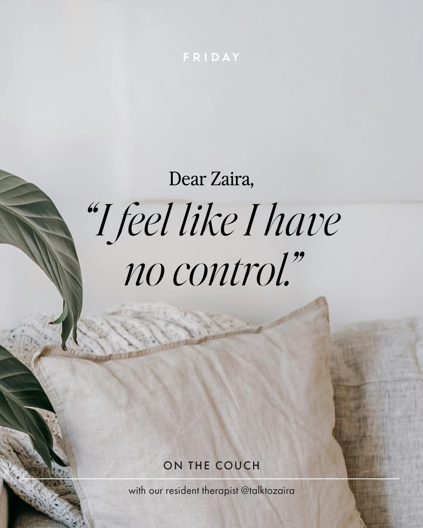 Welcome to On The Couch, our new column with psychotherapist Zaira @talktozaira who&rsquo;s here to answer the questions you&rsquo;ve always wanted to ask a therapist.

This week we&rsquo;re talking anxiety, a common experience for many of us.

Got s