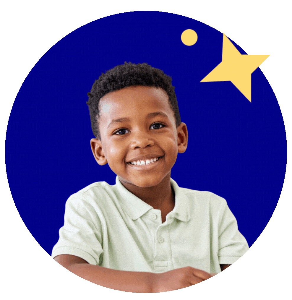 Smiling young boy with short curly hair in a light green polo shirt, set against a blue background with a moon and star illustrations.