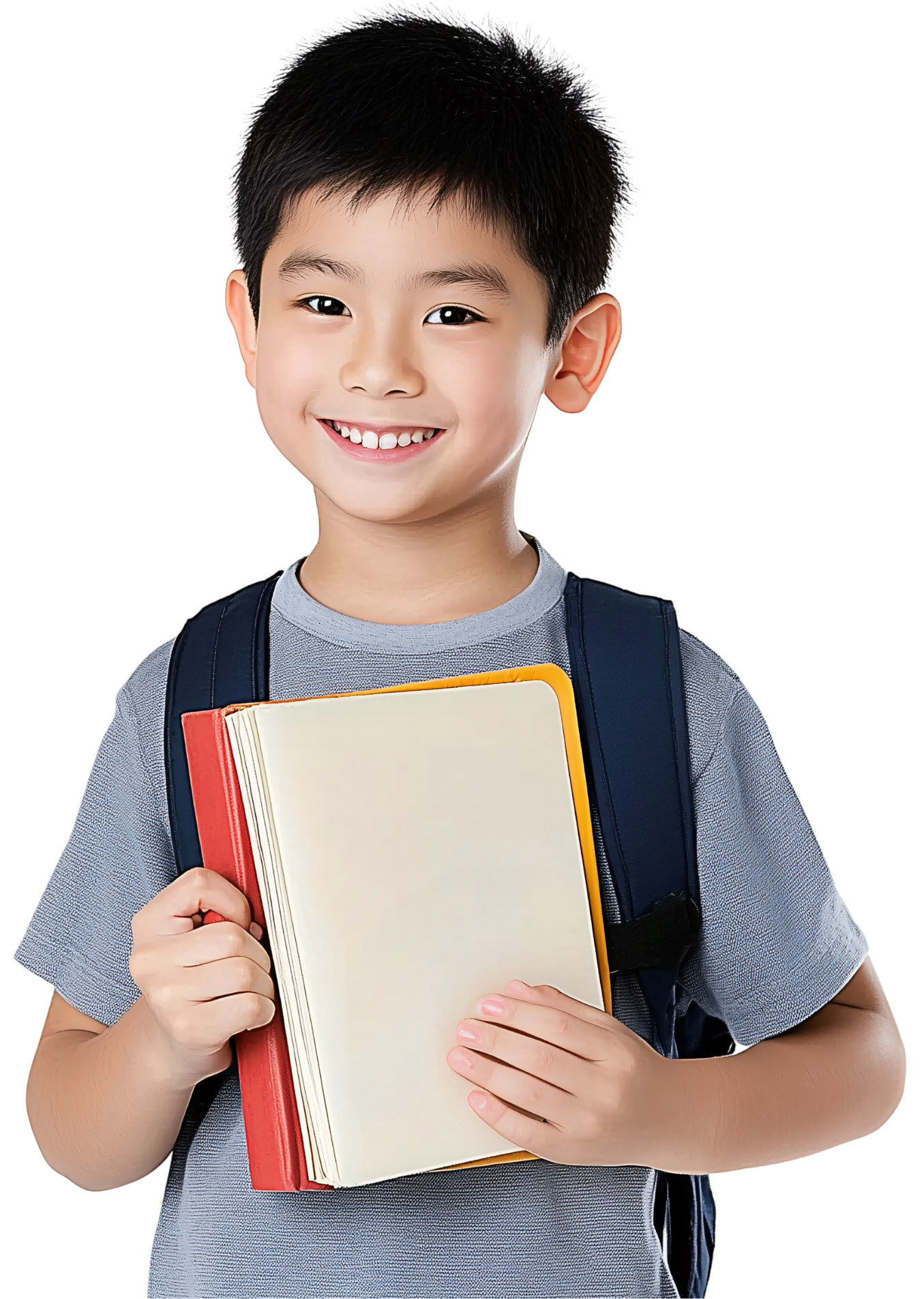 A young boy smiling, holding a notebook, and wearing a backpack.