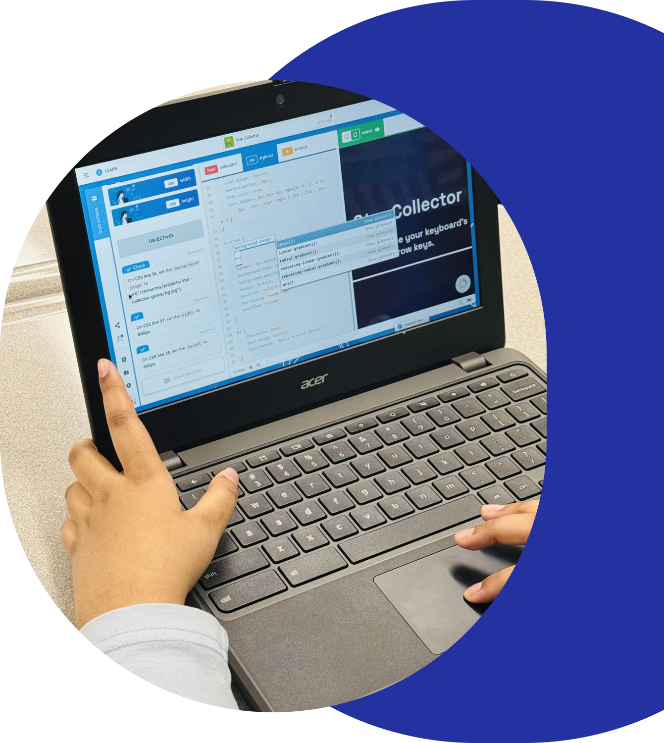 Close-up of a person's hands working on a laptop computer, screen displaying a coding tutorial with coding windows and text.