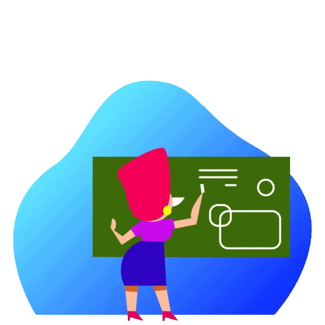Illustration of a woman with red hair wearing a purple top and blue skirt, writing on a green chalkboard with geometric shapes and lines.