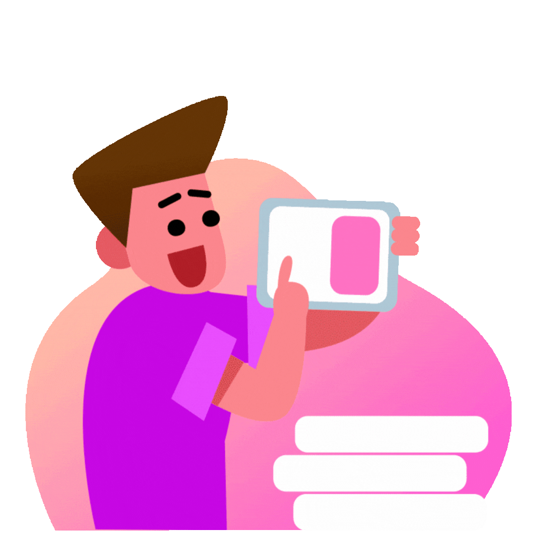 Cartoon person with brown hair and purple shirt holding a cell phone, pointing at a pink and white screen. Background is pink with stacked white books.