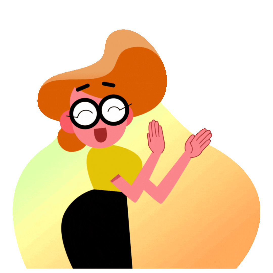A cartoon woman with large glasses, smiling, wearing a yellow top and a black skirt, clapping her hands, with a colorful abstract background.