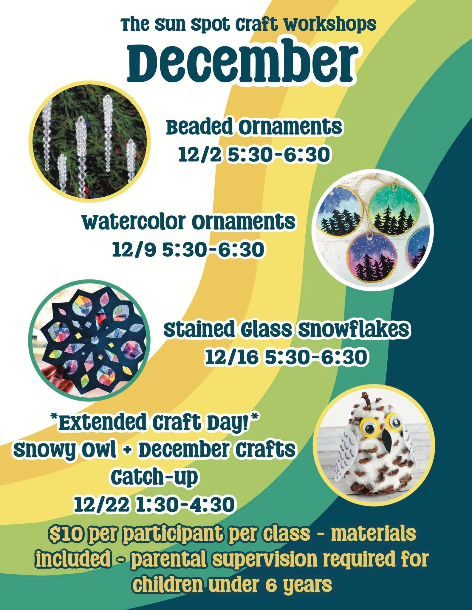 Craft workshops are officially coming to The Sun Spot!

We've been working super hard to make this a reality, and starting in December, The Sun Spot will be hosting weekly craft workshops! These craft events will be all ages (though we do ask that a 