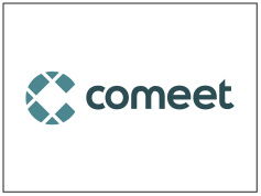 Logo van Comeet met cirkelvormig ontwerp en de naam 'comeet' ernaast.