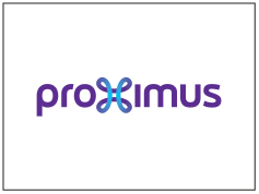 Proximus logo with purple text and a blue connected dot design.