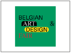 Tekst met woorden 'Belgian Art & Design Fair' op een groene achtergrond, met verschillende kleuren en lettertypen.