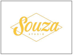 Logo van Souza Studio in geel tekst met geometrische omtrek.