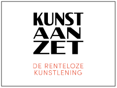 Logo met de tekst 'Kunst aan Zet' en ondertitel 'De renteloze kunstlening' in zwart en rood.