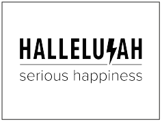 Logo met de tekst 'Hallelujah' en de slogan 'serious happiness' onderaan