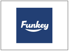 Funky logo met witte tekst op een donkerblauwe achtergrond