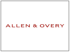 Logo van Allen & Overy in rood tekst op een witte achtergrond.