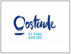 Logo met de tekst 'Oostende' en ondertitel 'De stad aan zee' in blauwe letters op een witte achtergrond.