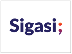 Logo van Sigasi met blauwe tekst en rode punt.