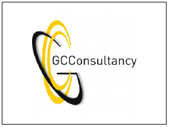 Logo van GC Consultancy met zwarte, gele en witte elementen