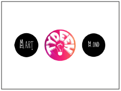 Logo met drie cirkels: links en rechts donker, middelste roze met witte tekst.
