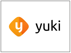 Yuki logo met oranje 'Y' binnen een spitse gele hexagon en de tekst 'yuki'
