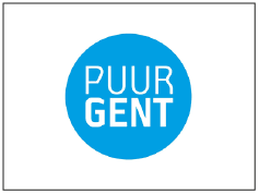 Blauw logo met witte tekst 'PUUR GENT' binnen een cirkel.
