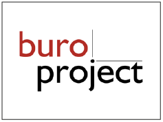 Logo met de tekst 'buro' in rood en 'project' in zwart, gescheiden door een lijn en een stip.