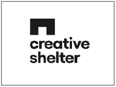 Logo met zwarte vorm en tekst 'creative shelter'