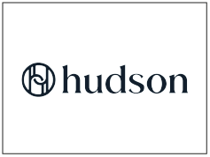 Logo met het woord 'hudson' en een geometrisch symbool