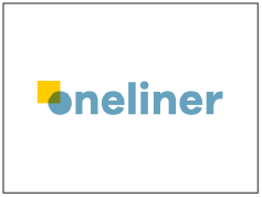 Logo van Oneliner met blauwe tekst en een grafisch element in geel en blauw.