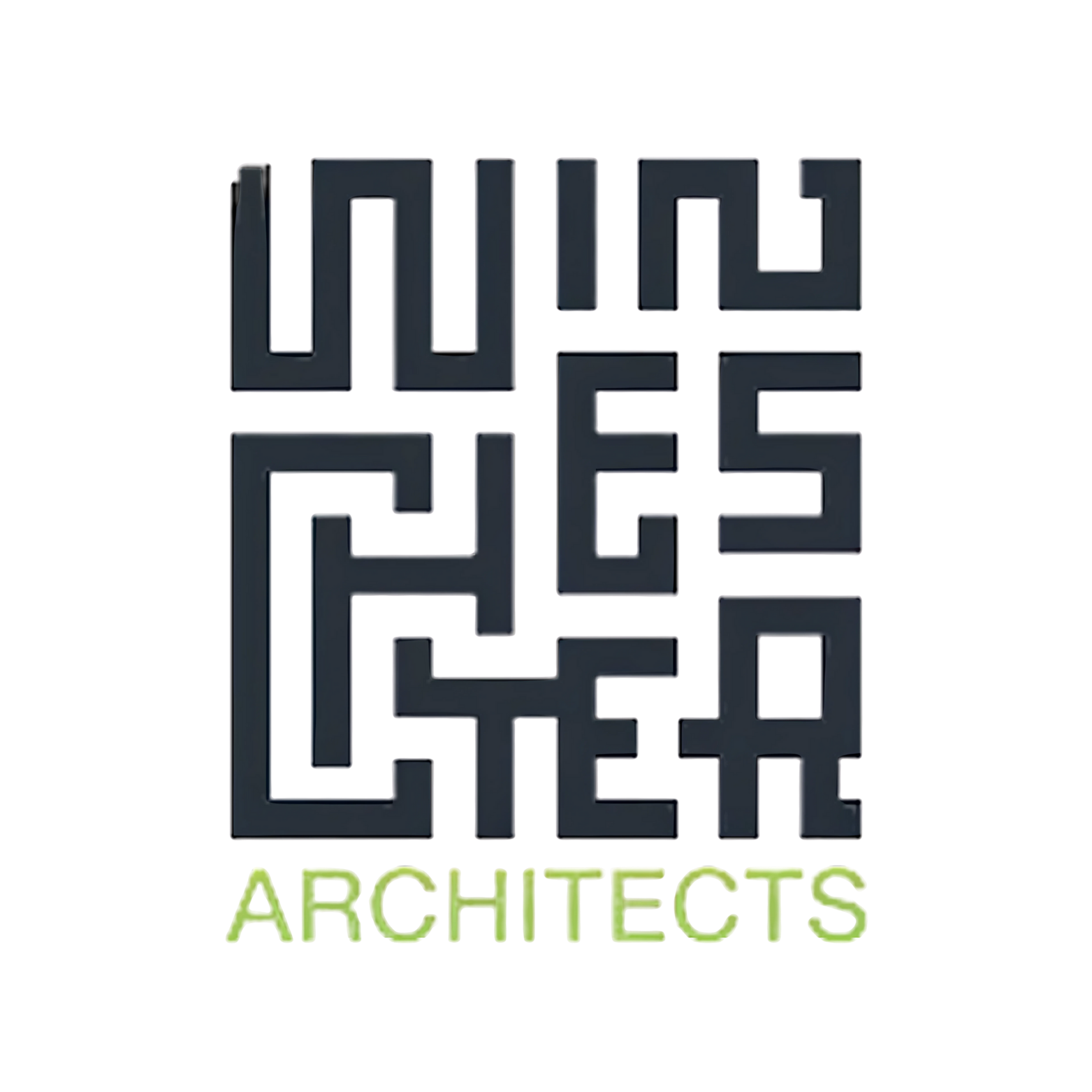 Logo for Louwers Architects featuring a maze-like design in dark gray with the word 'ARCHITECTS' in bright green underneath.