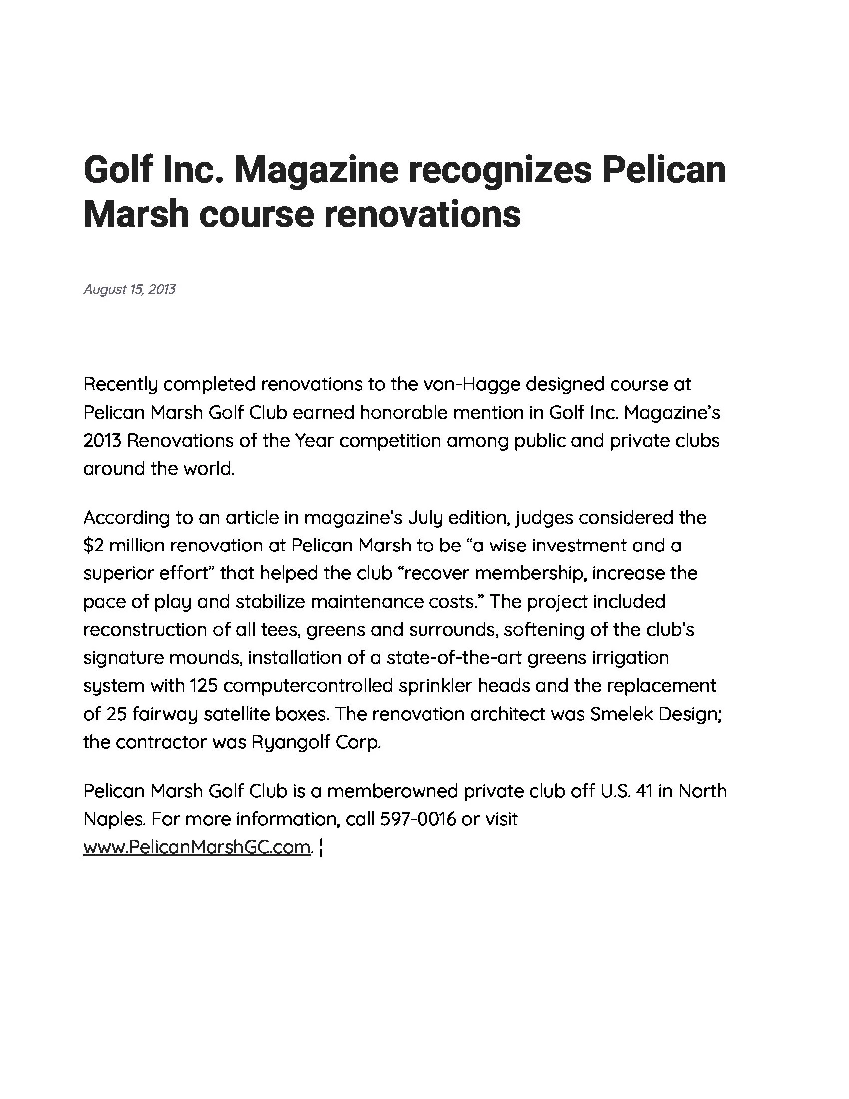 Screenshot of a news article about Pelican Marsh Golf Club's course renovations recognized by Golf Inc. Magazine.