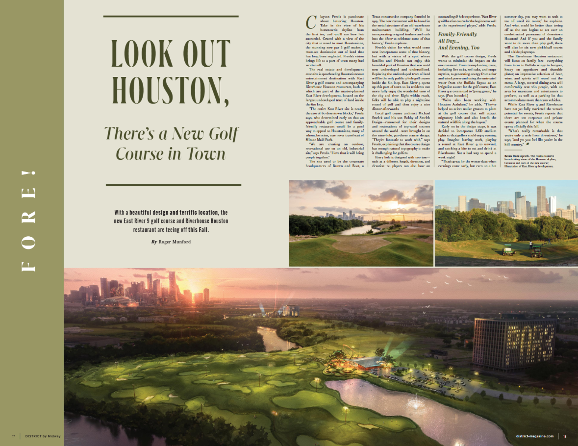 A magazine page featuring an article titled "Look Out Houston, There's a New Golf Course in Town." The page includes three images: a sunset view of Houston skyline with green golf course foreground, a daytime shot of a golf course with cityscape back