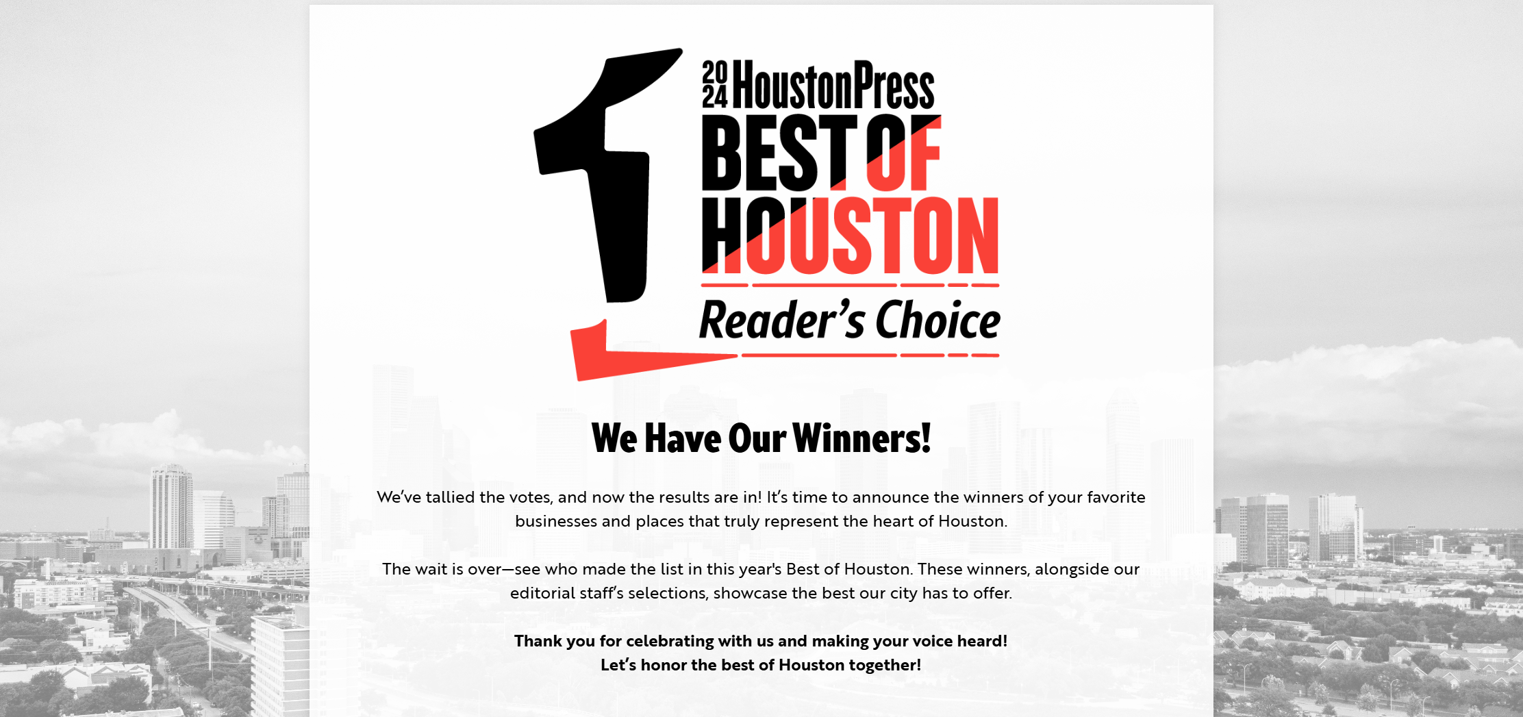 Houston Press Best of Houston Reader's Choice winners announcement page with city skyline background.