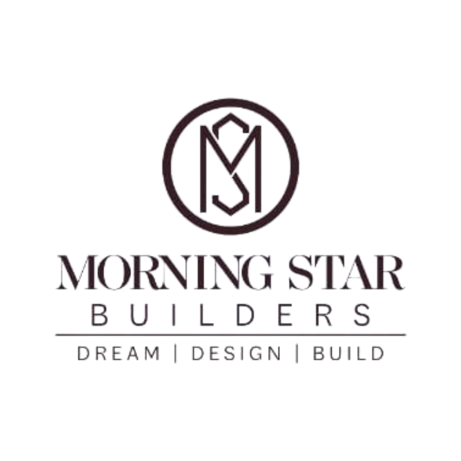 Logo for Morning Star Builders with a circular emblem at the top featuring geometric lines, and text below that reads 'Morning Star Builders' with the tagline 'Dream | Design | Build' separated by vertical lines.