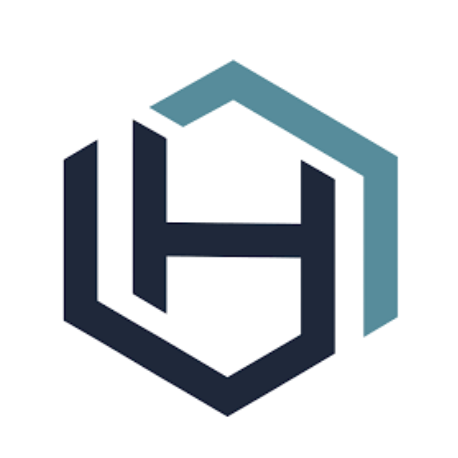 3D geometric logo with a hexagon outline and a stylized letter H in the center, in shades of blue and black.